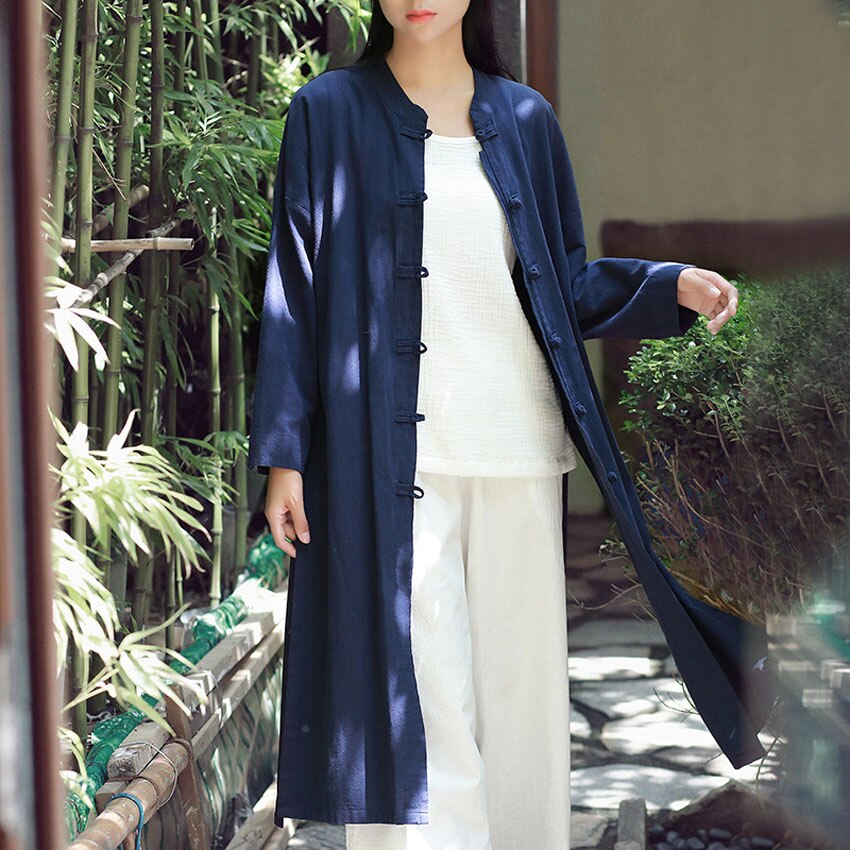 Women Linen Jacket Long Robe Chinese Traditional Retro Kungfu Wushu Tai Chi Uniform Teaism Wear Casual Outfits Gown Hanfu