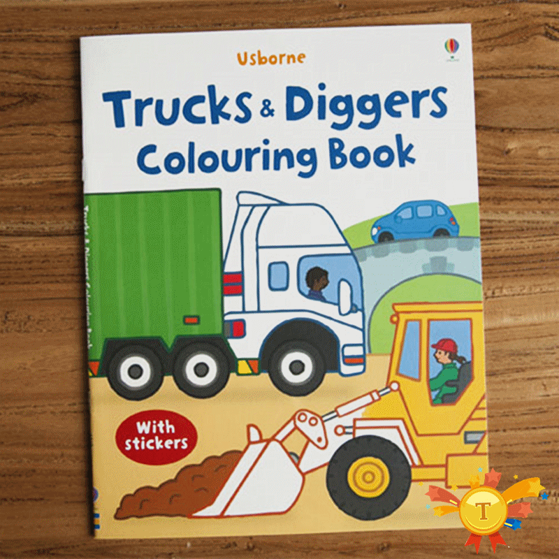 Bella vignetta libri di Scena di Disegno Del Fumetto adesivi libri Per Bambini Inglese immagine Da Colorare libri con adesivi regali di compleanno: Trucks Diggers