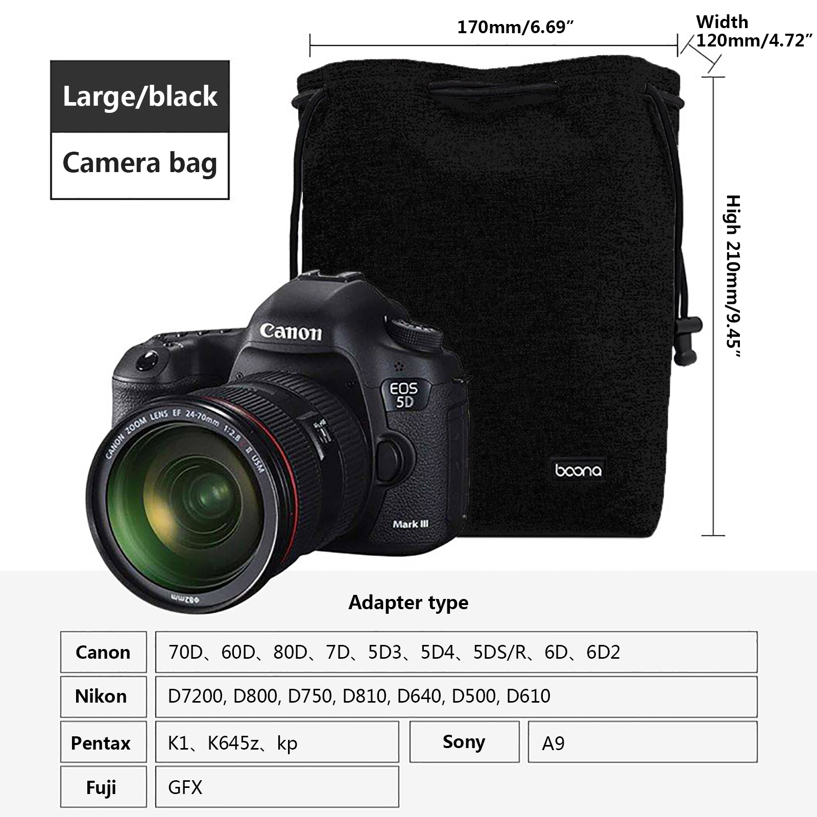 Sacoche de protection pour objectif d&#39;appareil photo, étui en Lycra pour appareils photo DSLR, Nikon, Canon, Sony, Olympus, Fuji: Camera Bag Black-L