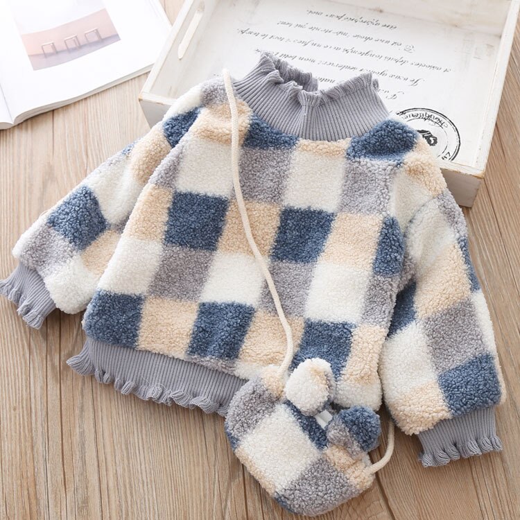 Babymeisjeskleding winter wollen warme dikke dubbellaagse geruite trui pullover hoge kraag modieuze jas