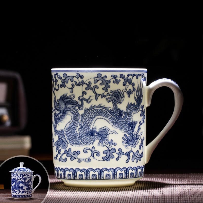 400ml jingdezhen keramiske tekopper med låg blå og hvid porcelæn drage mønster vand kop kinesisk kung fu te sæt mester krus