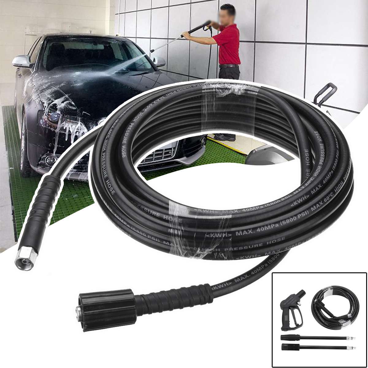 8M 59FT 5800PSI 160 Bar High Pressure Washer Hose Spray Gun Wand Lance Water Washer Pump Tube With 135Bar Lance Kit