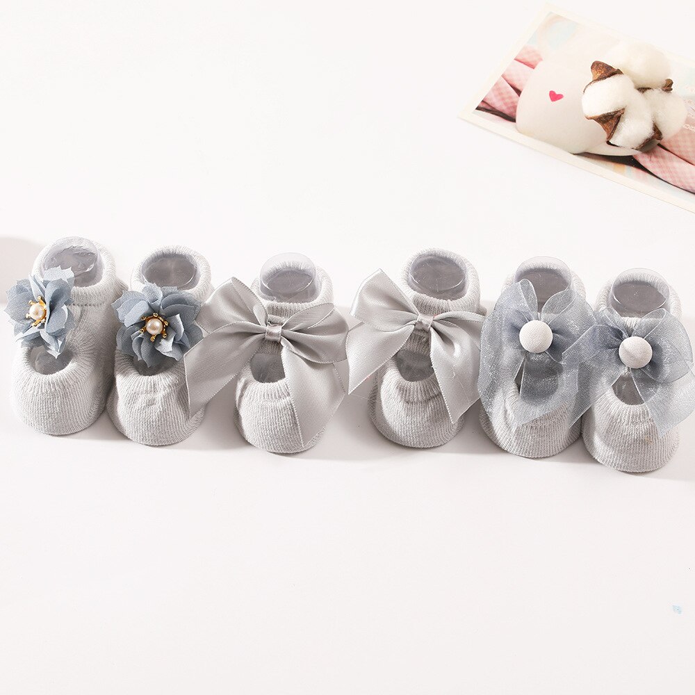 3 Paren/set 0-12Months Baby Sokken Leuke Kant Bloem Parels Crown Bows Antislip Pasgeboren Baby Meisje Sokken Katoen Prinses meisjes Sokken: 04