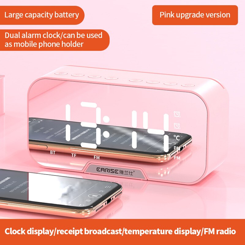 Multifunction Digital Clock Bluetooth Speaker With FM Radio Wireless Subwoofer Music Player Dual Alarm Clock LED Mirror Clocks: pink