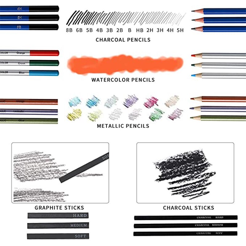 51Pcs/Set Sketch Pencils Set Drawing Sketching Kit Includes Graphite, Metallic Color, Water-Soluble Color Pencils Art Supplies