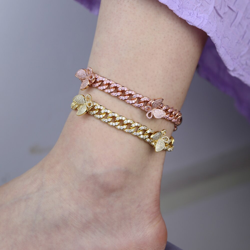 sommer neue Tennis Rosa Fußkettchen Kette Schmuck charmant kubanisch Verknüpfung Strass Mini cz gepflasterte Schmetterling Fußkettchen