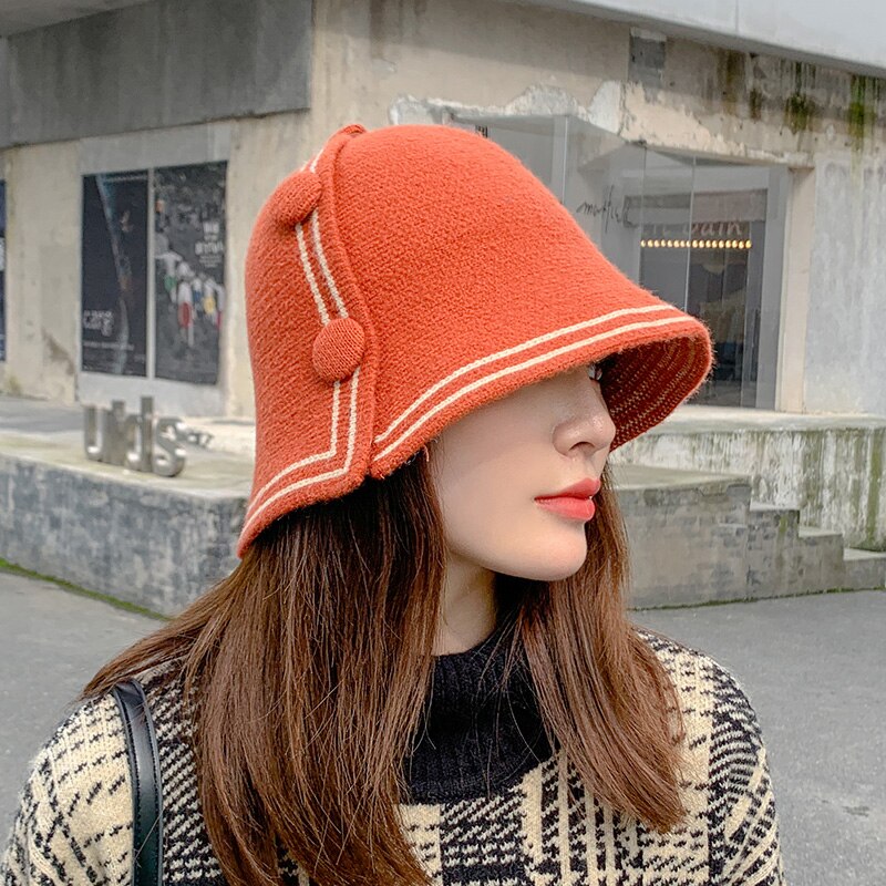 Chapéu de pescador feminino outono e inverno all-match bonito botão design moda aba larga bacia chapéu balde chapéu: Orange Red