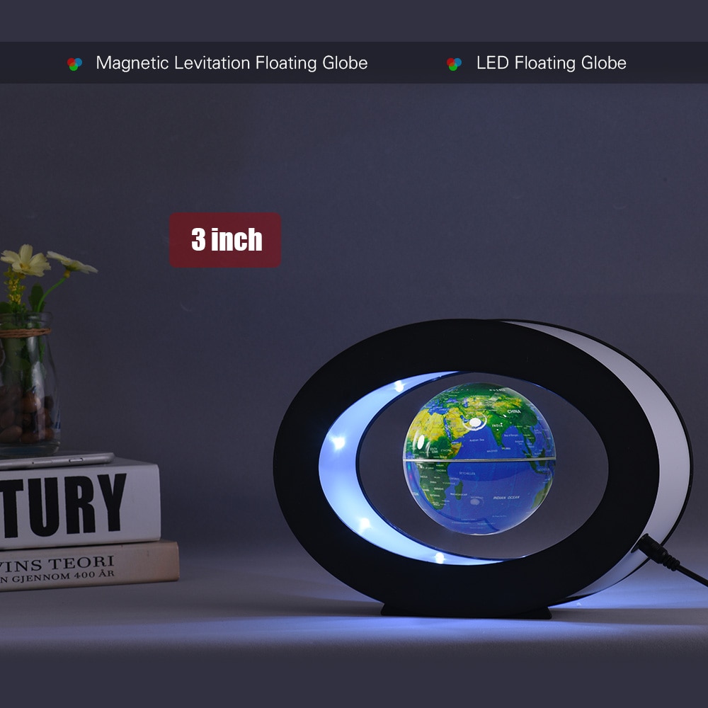 3 Inch Magnetic Levitation Floating Earth Globe World Map with LED White Light Oval Shape Base for Desk Decoration Children