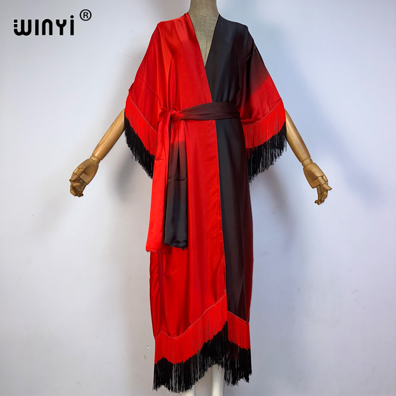 Winyi Kimono Cover-Ups Zomer Boho Geleidelijke Franje Print Bikini Cover-Up Mode Vest Sexy Kwastjes Maxi Jurk: Lavendel