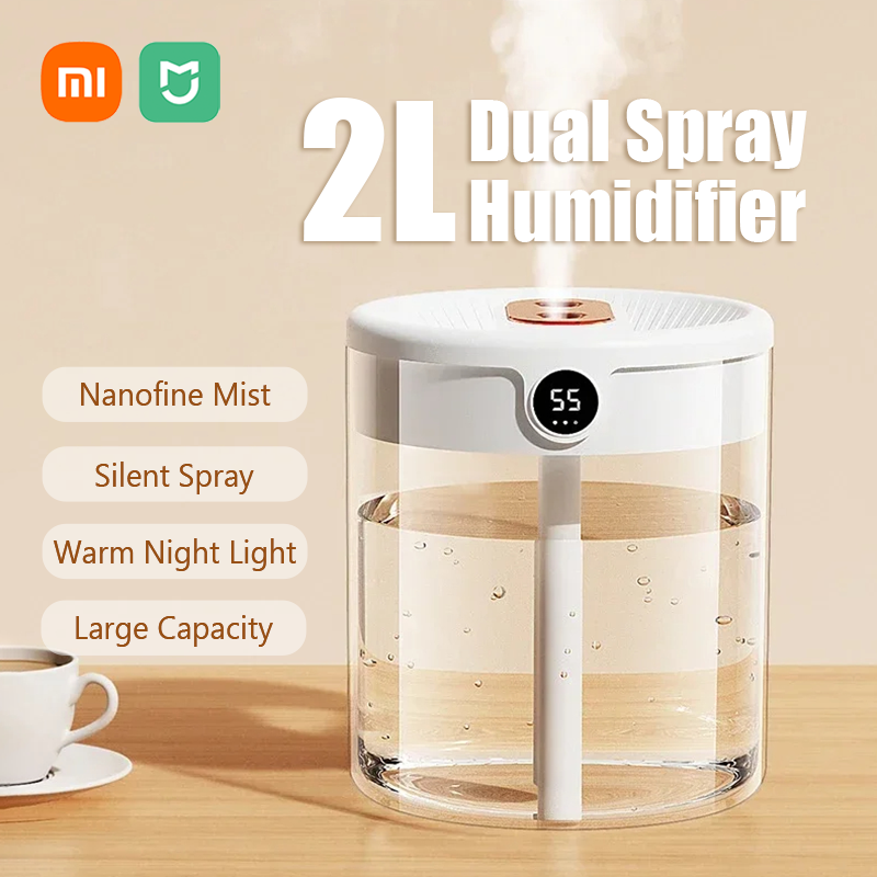 Xiaomi-humidificador de pulverización Dual de 2L, luz nocturna Digital, enchufe USB, gran capacidad, Nano niebla fina, dispositivo de Humidificación de aire para el hogar y el coche