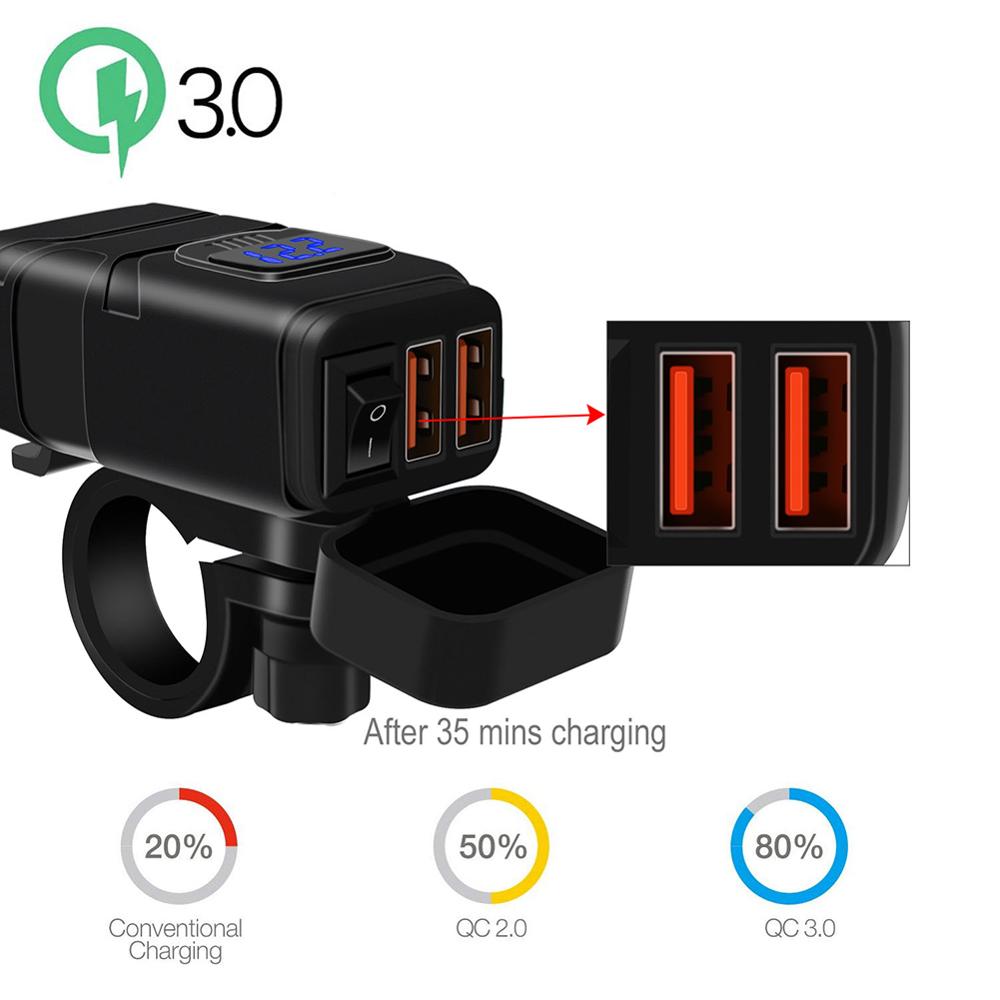 12V Zu USB Adapter mit Voltmeter AUF aus Schalter Motorrad Schnell Trennen Stecker mit Wasserdicht Dual QC 3,0 USB schnelle Ladegerät