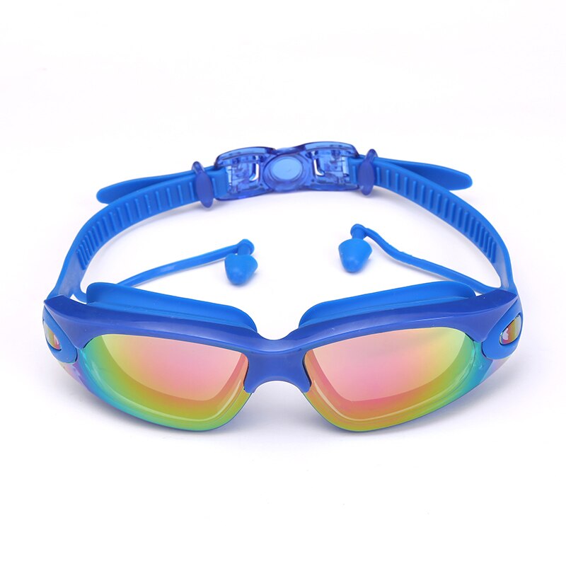 Vandtætte briller ørepropper svømmebriller voksen silikone badehætter pool anti-dug uv svømmebriller arena: Blå
