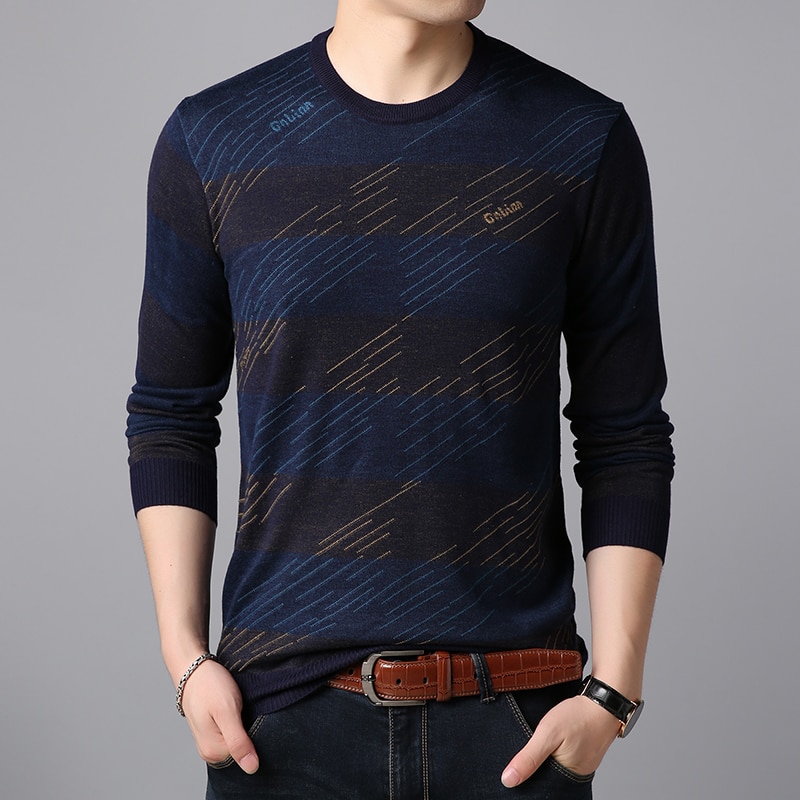 Märkeströja för herrtröjor o-ringad slim fit-tröjor stickade randiga koreansk stil fritidskläder för herr
