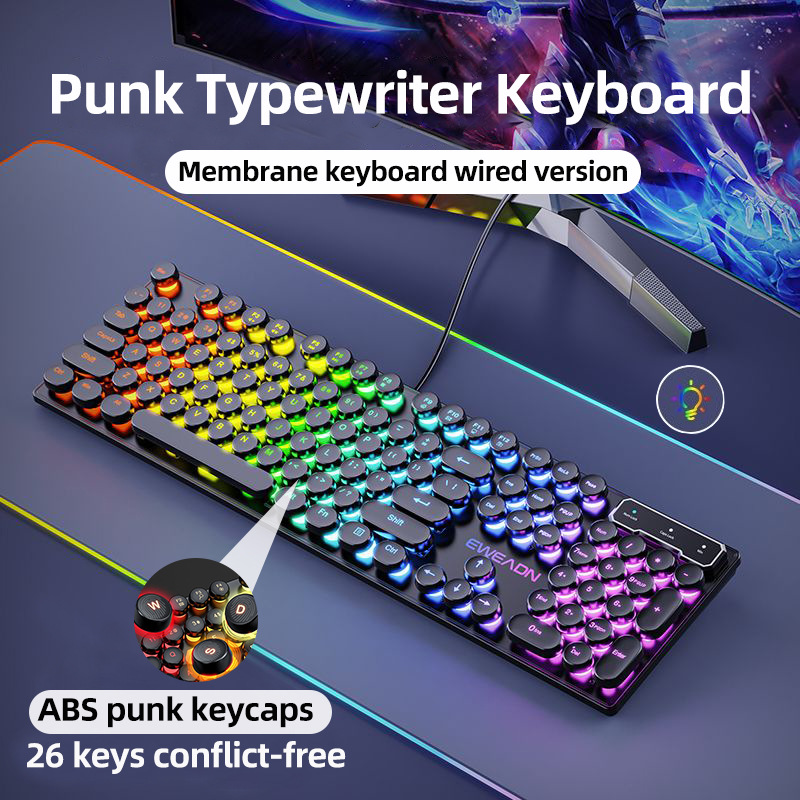 EWEADN GX330 Typewriter Gaming Keyboard, 104 Keys Wired Retro Punk Round Keycaps, with RGB Backlit, for Windows Laptop PC black: black