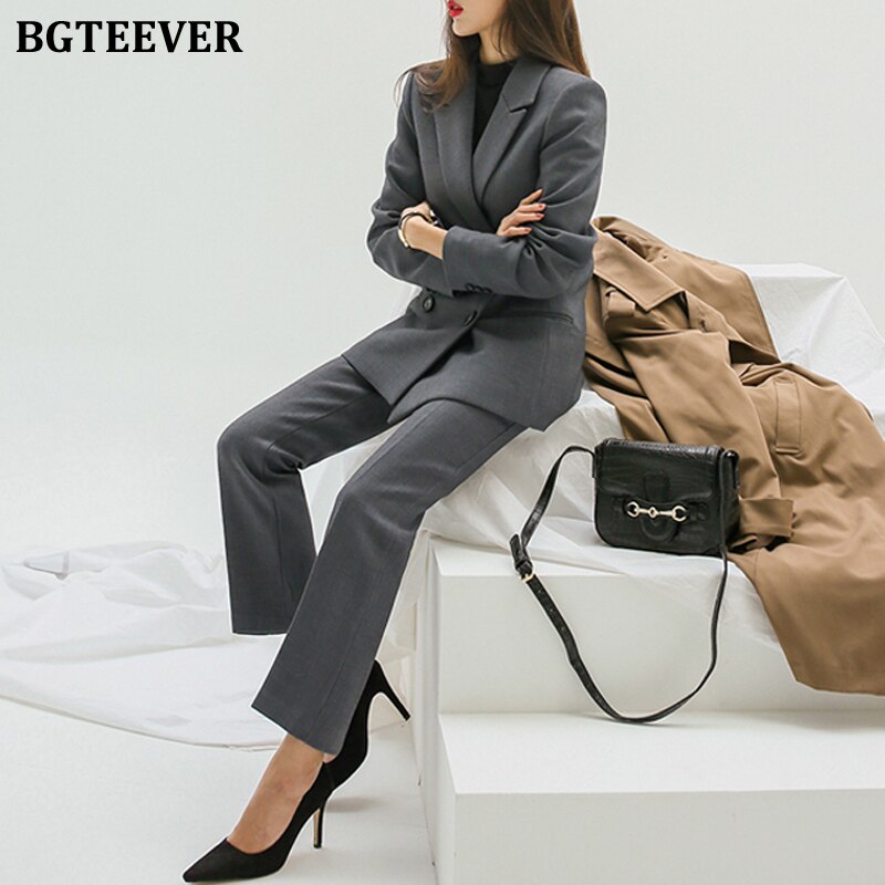 Bgteever Grijs Vrouwen Pant Suits Double Breasted Jasje & Hoge Taille Pak Broek Herfst 2 Stuks Sets Vrouwelijke Blazer sets