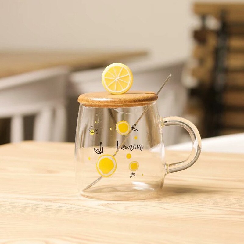 Cute Pastoral Style Glass Cups with Milk Breakfast Mug Office Flower Tea Cup Cold Drink Juice Mug: Three   Lemon