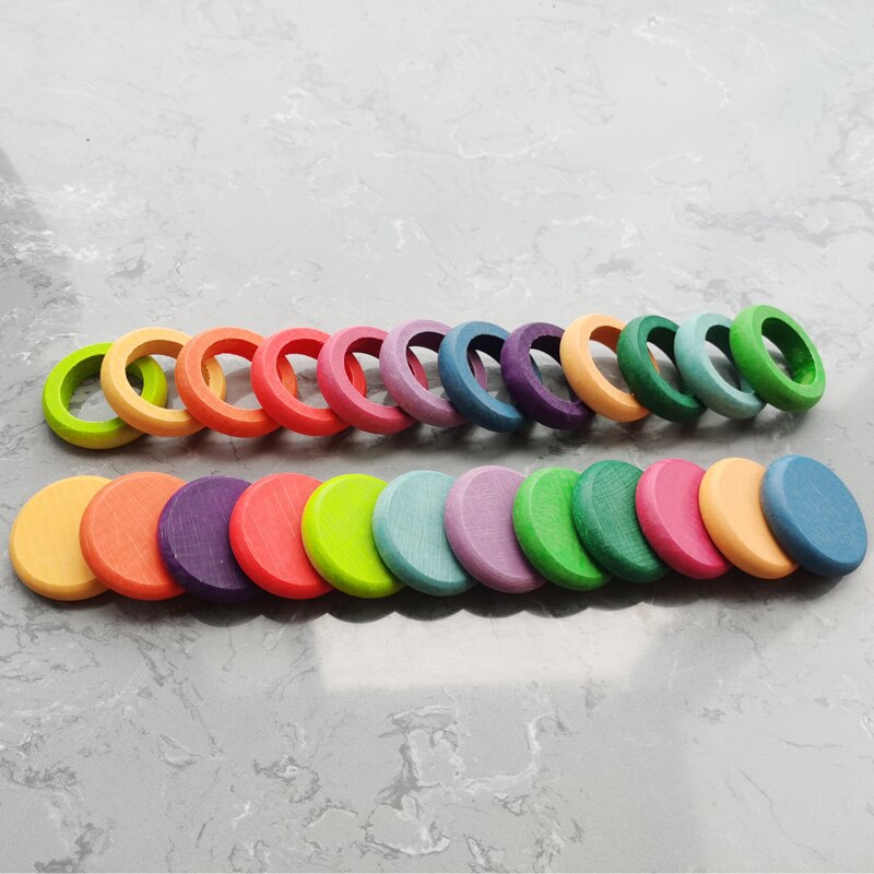 Juguetes de madera de 12 Colores para niños, monedas y anelli de arcoíris de haya, bloques apilables, piezas naturales s