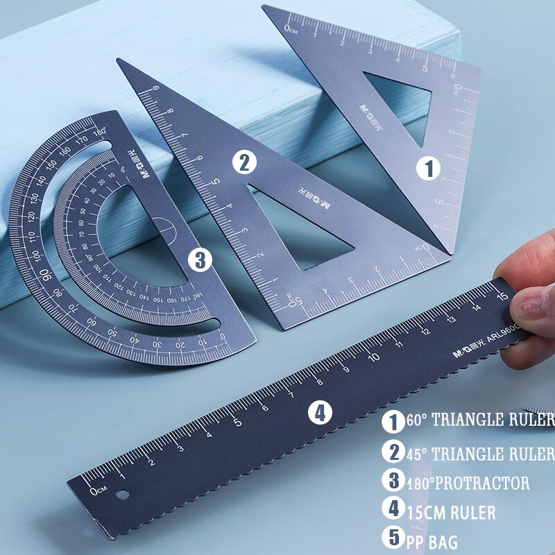 M&amp;G 4PCS/Set UV Aluminum Alloy Ruler Drawing Measurement Geometry Triangle Ruler straightedge Protractor A variety of rulers