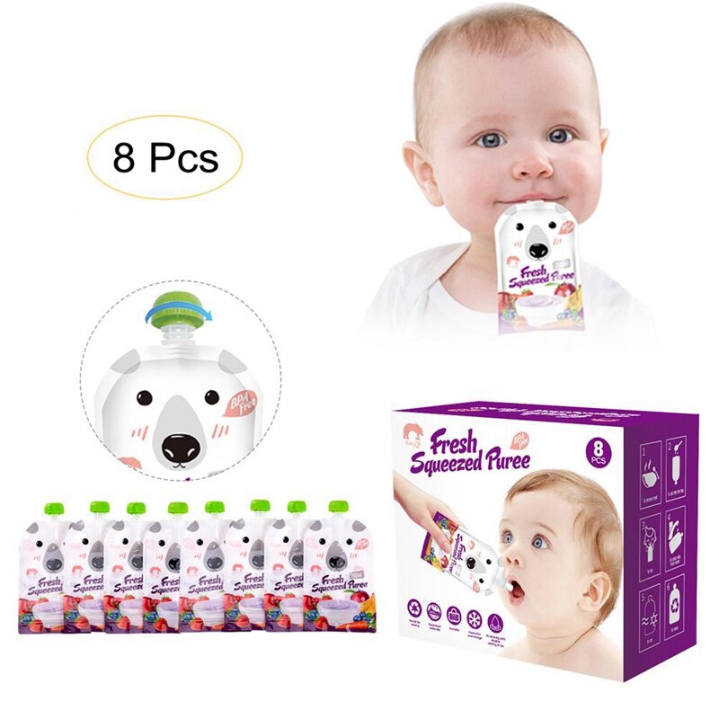 8Pcs Reusable Baby Food Pouch 200ML Kids Storage Bag DIY Breast Milk Bag Infant Double Zipper Squeeze Feeding Bags