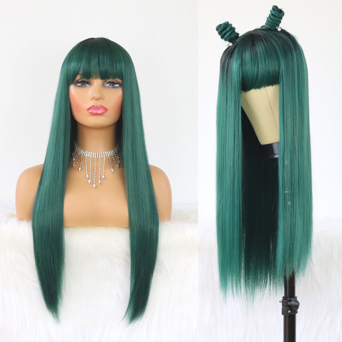 SALLYWELL Green Wigs With Bangs Straight Wig For Women Synthetic Fiber Hair Dark Rooted Ombre Green Long Glueless Full Machine