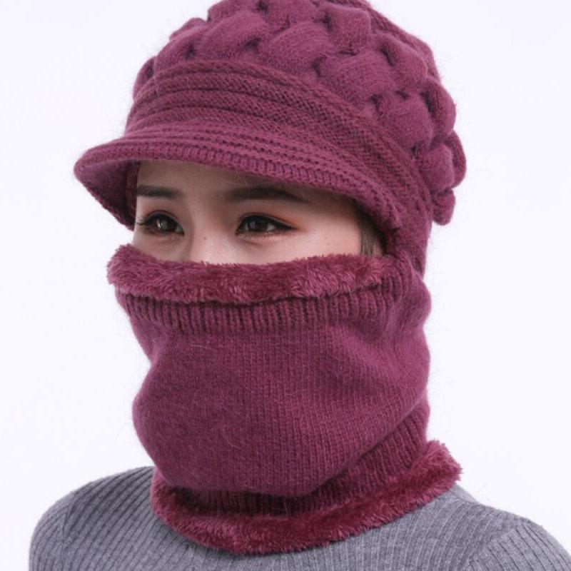 Women Bib Beanie Hat Pom Bobble Scarf Mask Ear Set Knitted Winter Warm Snow Ski Cap Thicken Plus Velvet Warm Scarf Knitted Hat: 01