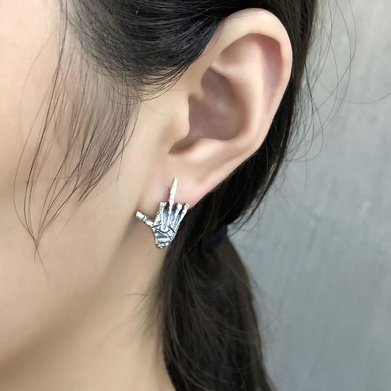 Jahrgang Silber Farbe Schädel Hand Mittelfinger Ohrstecker für Männer Frauen Punk Hüfte hüpfen Halloween durchbohren Ohrring Felsen Schmuck