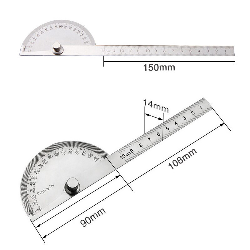 1Pcs 180 Degree Adjustable Protractor Multifunction Stainless Steel Durable Roundhead Craftsman Ruler Woodworking Measuring Tool