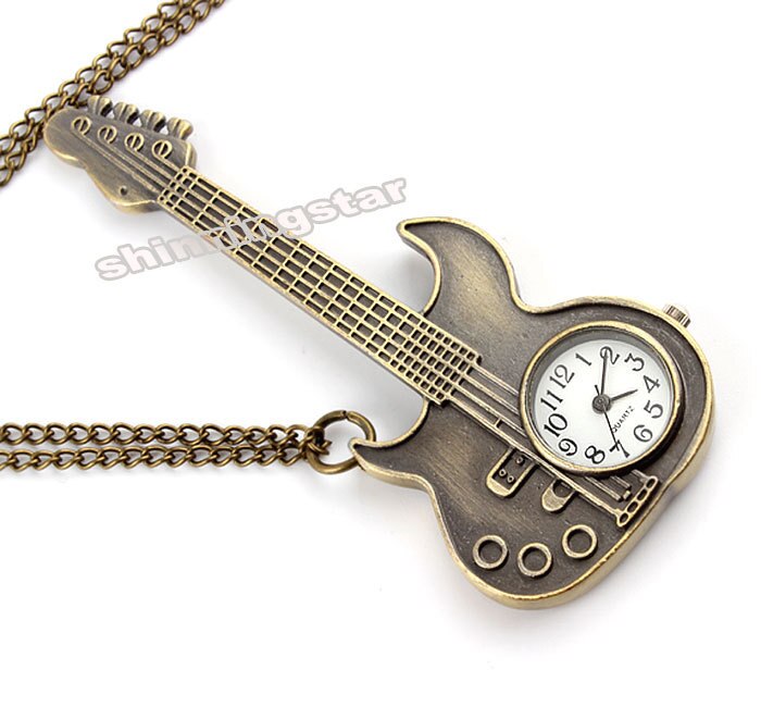 Kleine Zakhorloge Ketting Vrouwen Mode-sieraden Brons Mini Size Gitaar Quartz Pocket Horloges Hanger Meisjes Vrouwen Little