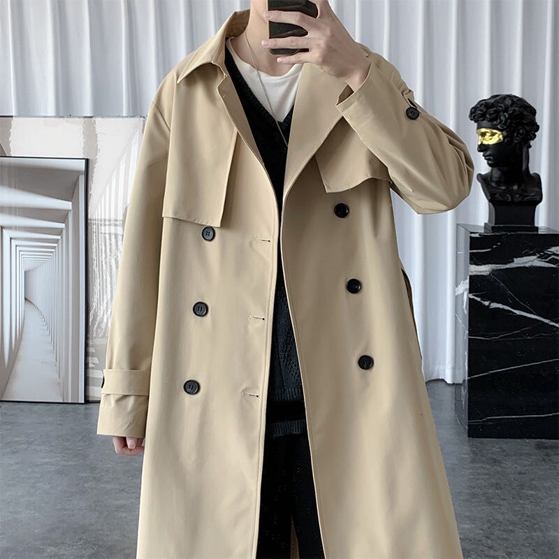 Gabardina de estilo coreano para hombre, abrigo largo informal de Color sólido, chaqueta cortavientos holgado, para otoño