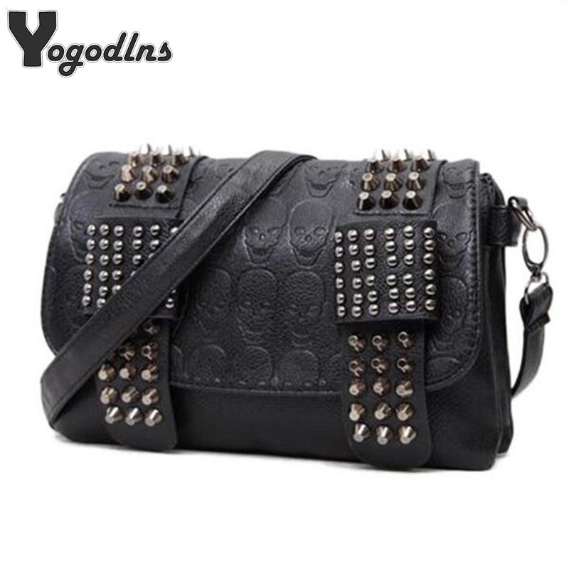 Mode Vrouwen Zwart Lederen Messenger Bags Mode Vintage Messenger Cool Skull Klinknagels Schoudertassen Sac A Main Bolsa