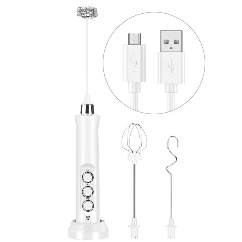 Elektrisk mælkepisker usb genopladelig 3 hastigheder mini håndholdt elektrisk mælkeskummaskine med 3 piskere drikkemixer til æggepisker: Hvid
