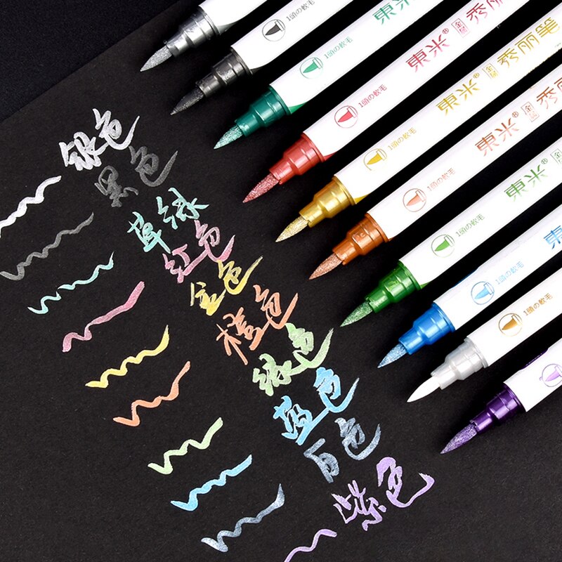 Dm 10 Stks/partij Dual Zachte Borstel Marker Metallic Marker Pen Fine Liner Pennen Set Tekenen Schilderen Diy Scrapbooking Ambachten