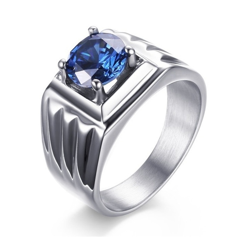 FDLK Retro 316L Stainless Steel + Zinc Alloy Blue Crystal Ring Mens Wedding Party Ring