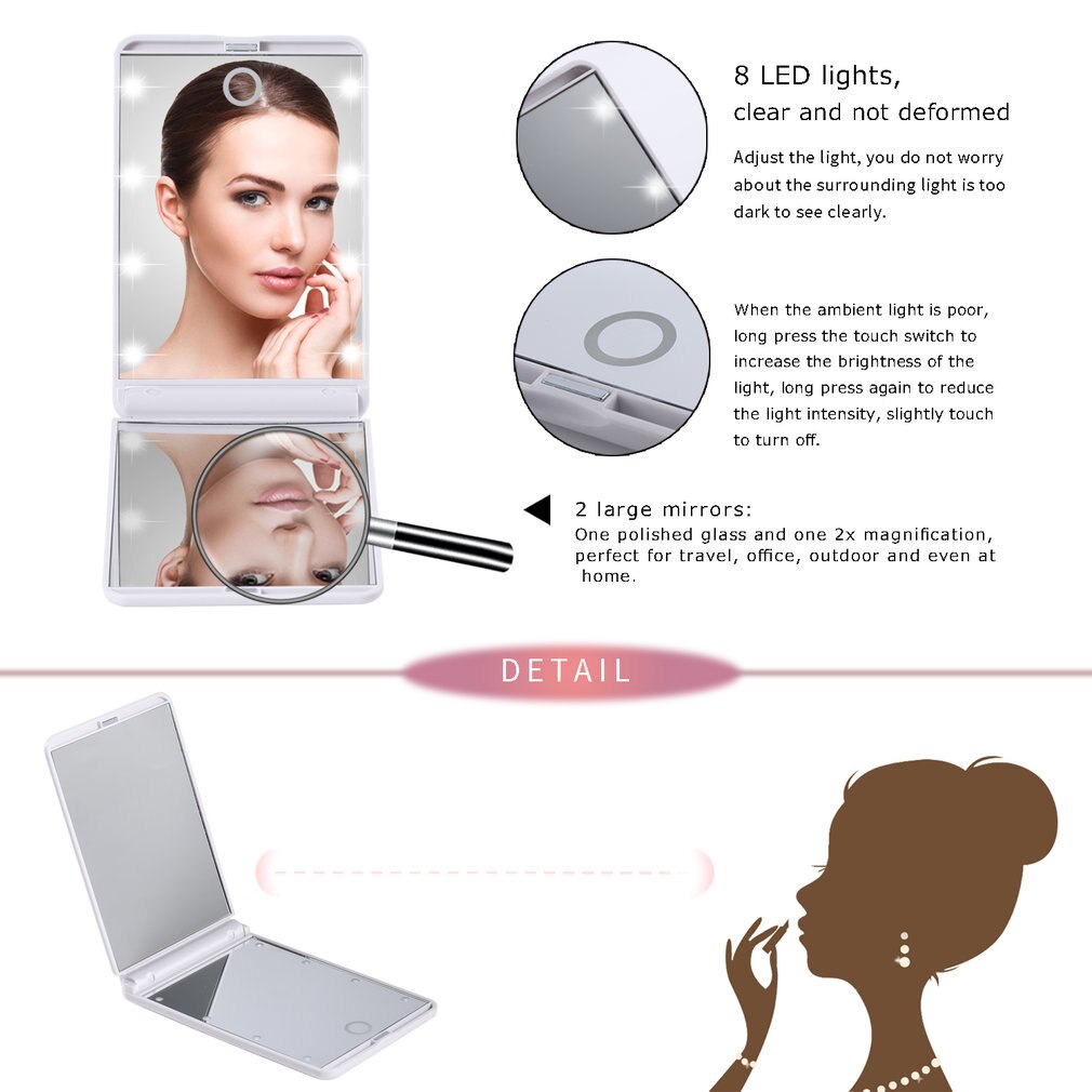 Portable Folding Adjustable Brightness 8 LED Lighted 1X 2X Magnification Travel Mirror with Battery for Cosmetic Makeup