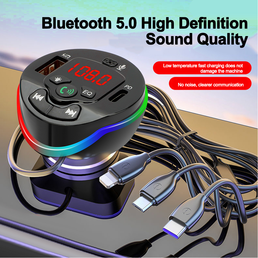 Transmisor FM Bluetooth 5,0 para coche, reproductor modulador MP3, receptor de Audio manos libres con Cable de carga 3 en 1 para IPhone, Huawei y Xiaomi