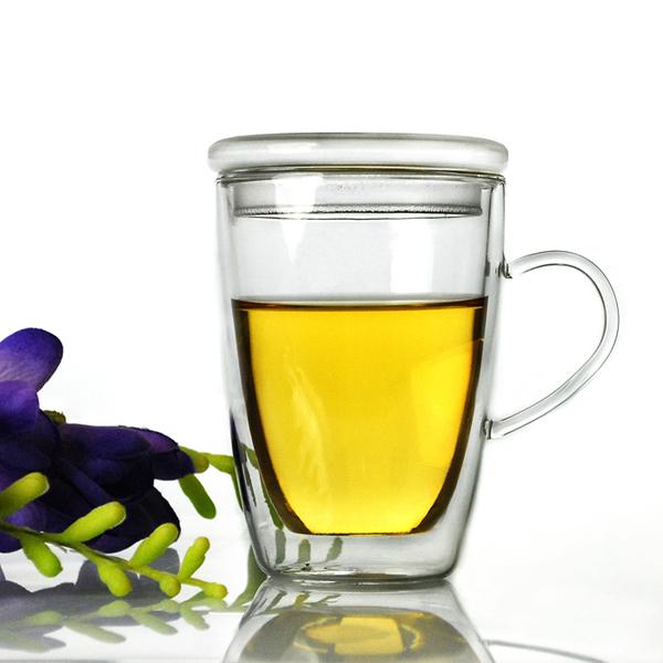 1pc högkvalitativa värmebeständiga dubbla lager väggglaskoppar glashandtag muggar glasvaror 300ml ölglas med lock  jp 1066