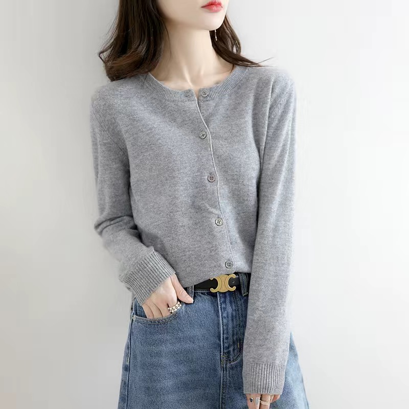 Cárdigans para mujer, suéter con cuello redondo, cárdigans tejidos de Cachemira para primavera y otoño, suéteres lisos de un solo pecho para mujer DF4934: S / Gris