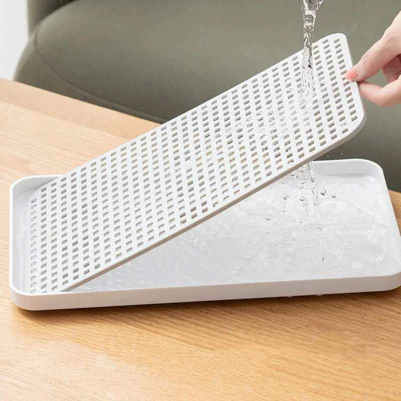 Bandeja de drenagem doméstica, sala de estar, vazada, retangular, copo de água, pia de cozinha, camada dupla, secagem de prato, talheres