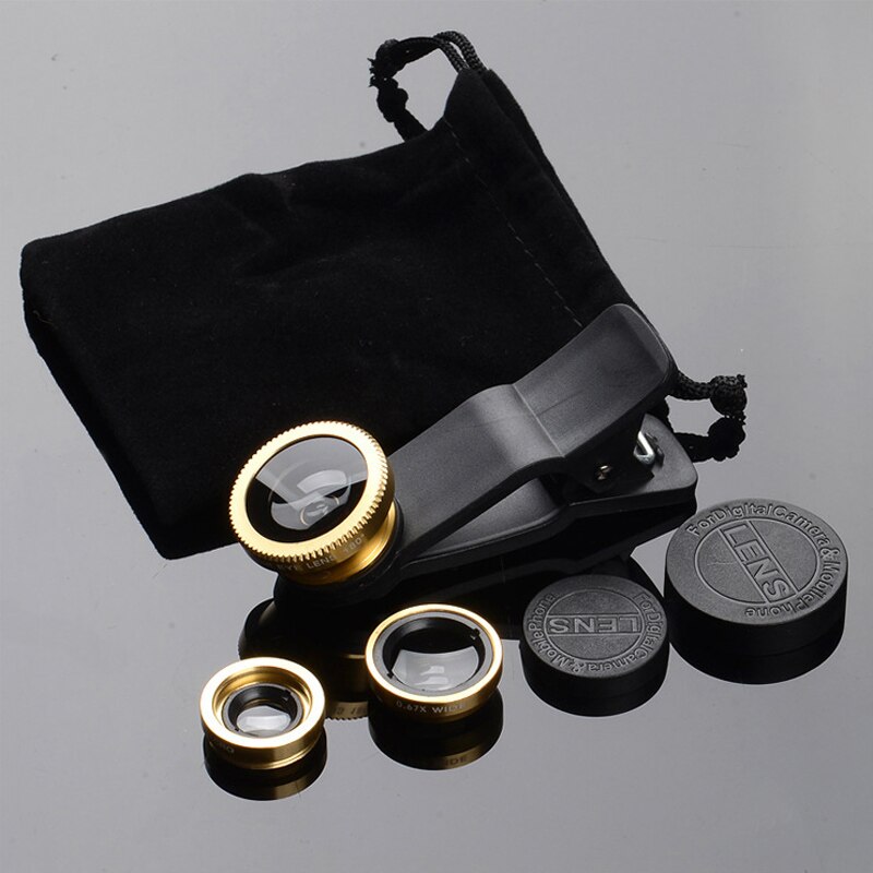 Universele 3 in 1 macro fisheye lens camera mobiele telefoon lenzen fisheye lenzen voor iphone smartphone accessoire: Goud