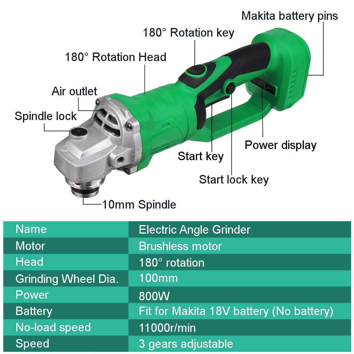 3 Speeds 11000rpm Brushless Electric Angle Grinder 100mm Rechargeable Angle Grinder Grinding Machine for Makita 18V Battery