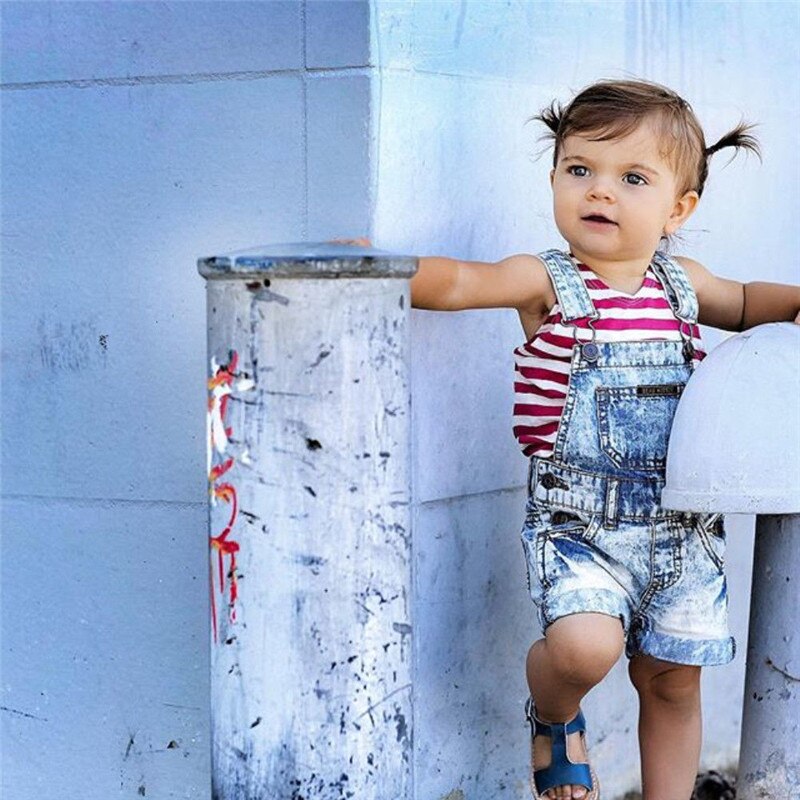 Kids Baby Boys Girls Denim Bib Pants Overalls Jean Sleeveless Back Cross Denim Shorts Jumpsuit Outfits Summer Clothes