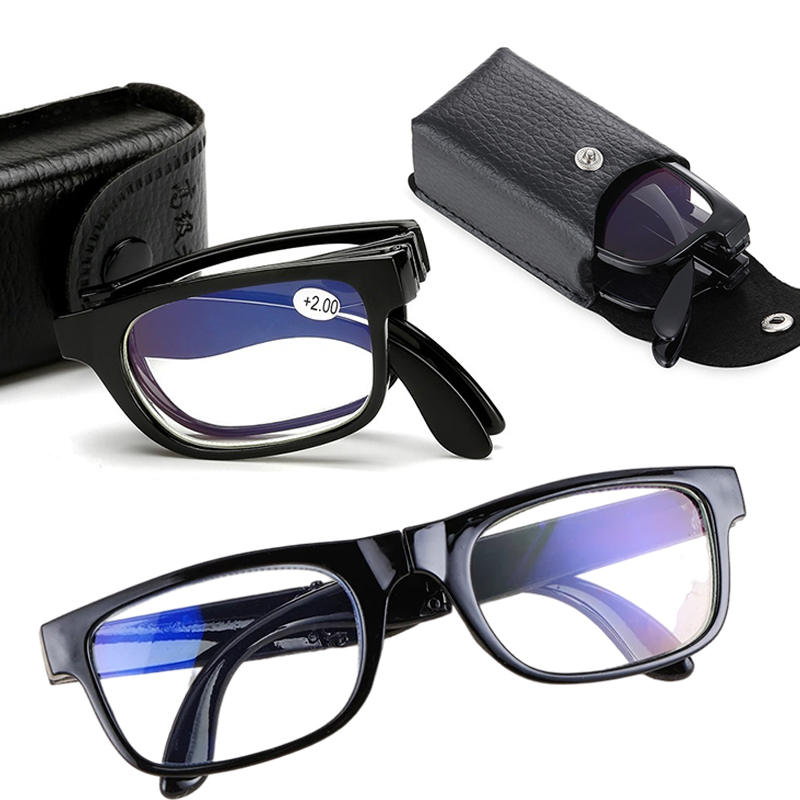 Occhiali da lettura pieghevoli Unisex portatile Mini leggero chiaro Anti luce blu occhiali presbiti Full Frame nero con custodia