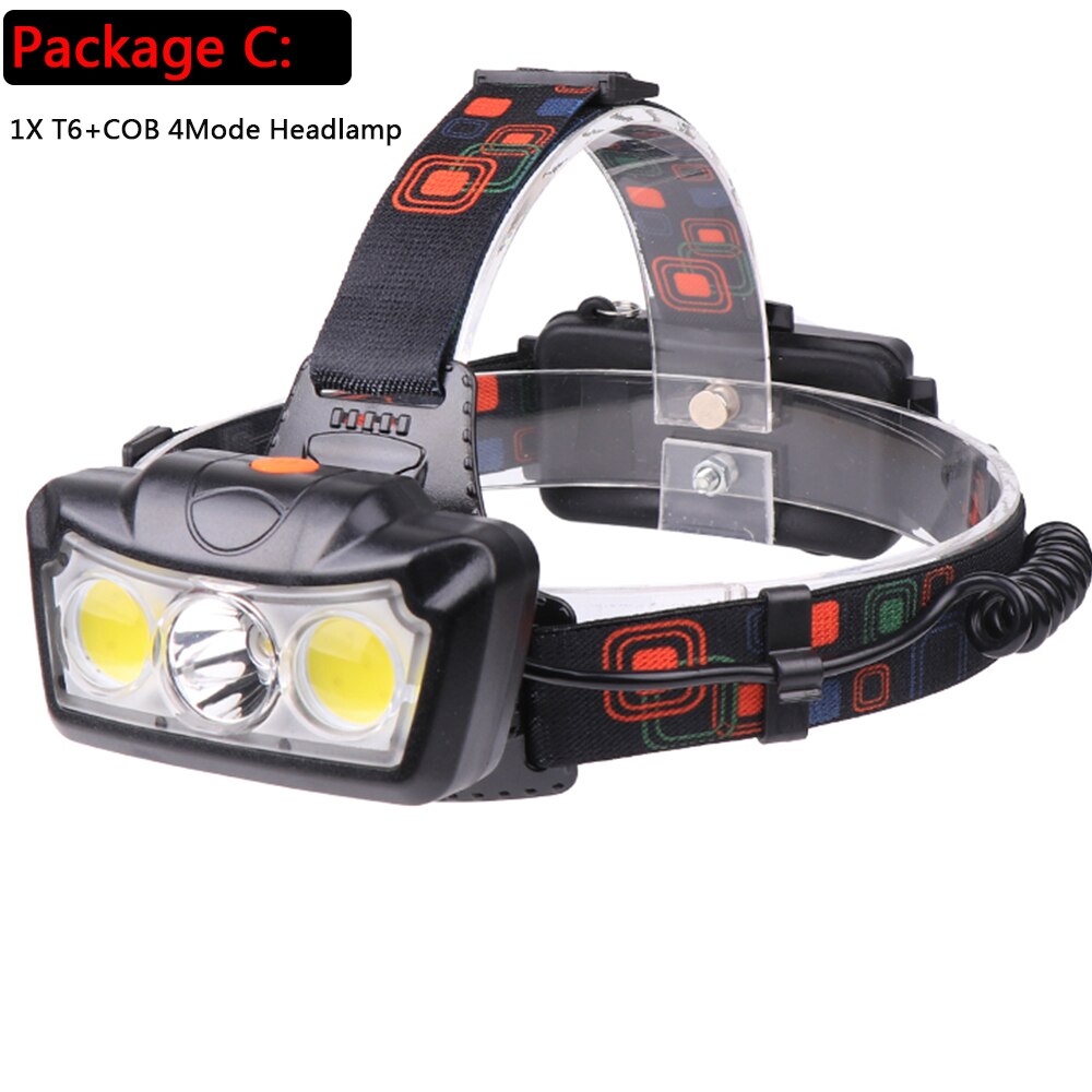 T6 + COB LED Koplamp Waterdichte Koplamp Hoofdlamp Oplaadbare met 4 Modes Head Lamp Zaklamp Lanterna Hoofd Licht: C