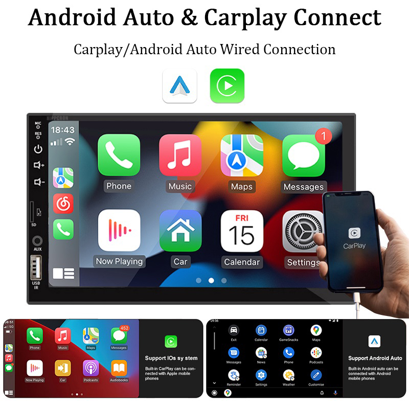 7 "autoradio 1 Din Carplay Android Auto Multimediaspeler HD Touchscreen FM AUX-ingang Bluetooth MirrorLink Universele autoradio