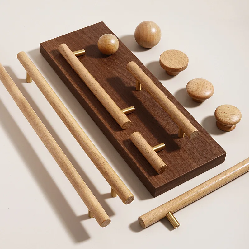Nordischer Massivholzgriff, natürliche Holzfarbe, runde Kugel, Schranktür, Kleiderschrank, minimalistisch, luxuriös, Buchenholzmaserung, Schubladengriff