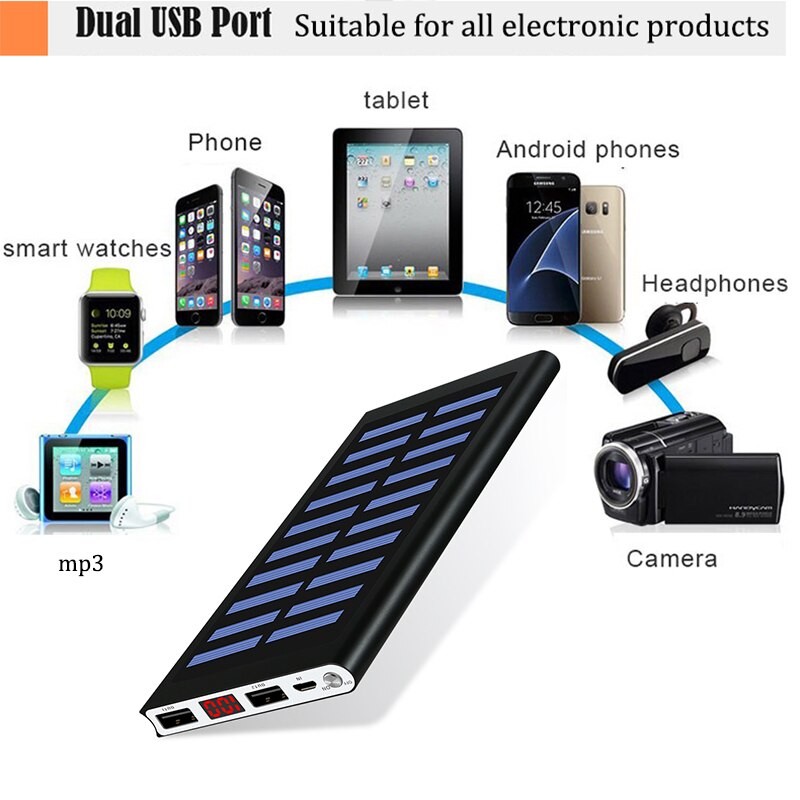 Solar-powerbank 30000 mah 2 usb-anschlüsse externer akku led tragbare powerbank handy-solarladegerät für smartphones
