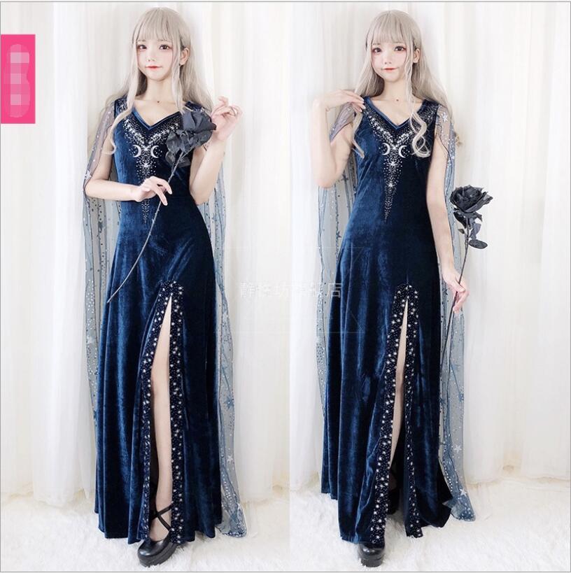 Cos halloween kostume dronning stjerne kjole cape lolita kjole heks maskerade temperament kjole vestidos