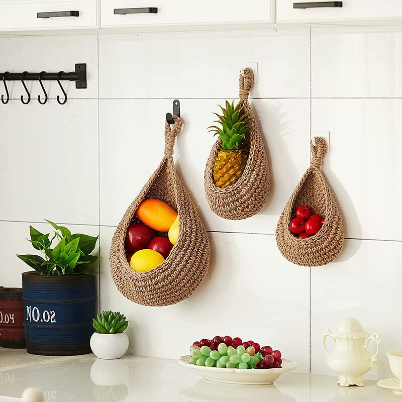 Hanging Decorative Garlic Potato Storage Basket Bohemian Handmade Wall Mounted Vegetables Fruit Baskets Kitchen Pantry Organizer