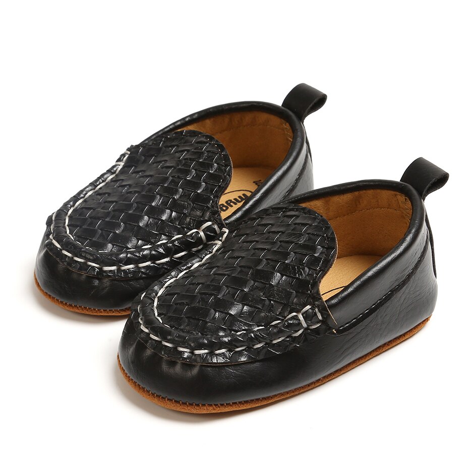 Baby First Walkers Kid Boy Girl Casual Loafer Flat Shoe Casual Baby Walk Trainner Boat Peas Shoes PU Solid Anti Slip Shoes: Black / 13-18 Months