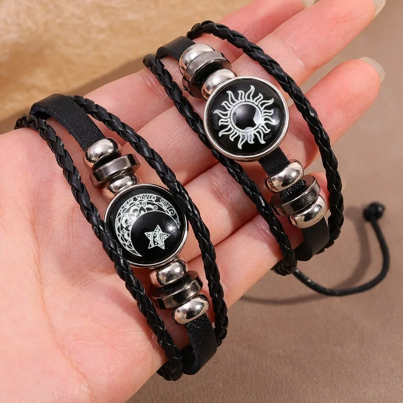 2 pçs luminosa casal amizade pulseira sol e lua ajustável romântico preto trançado pulseiras moda criativa jóias presentes